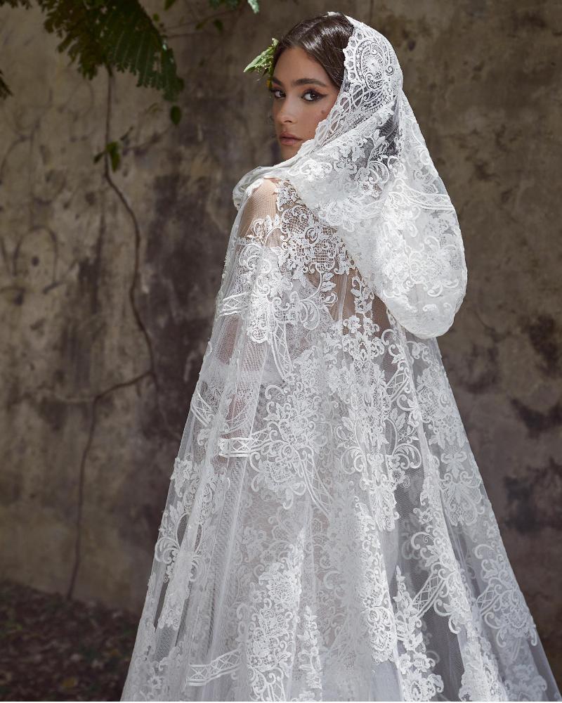 Lp2308 long sleeve off the shoulder boho wedding dress with hooded cape4